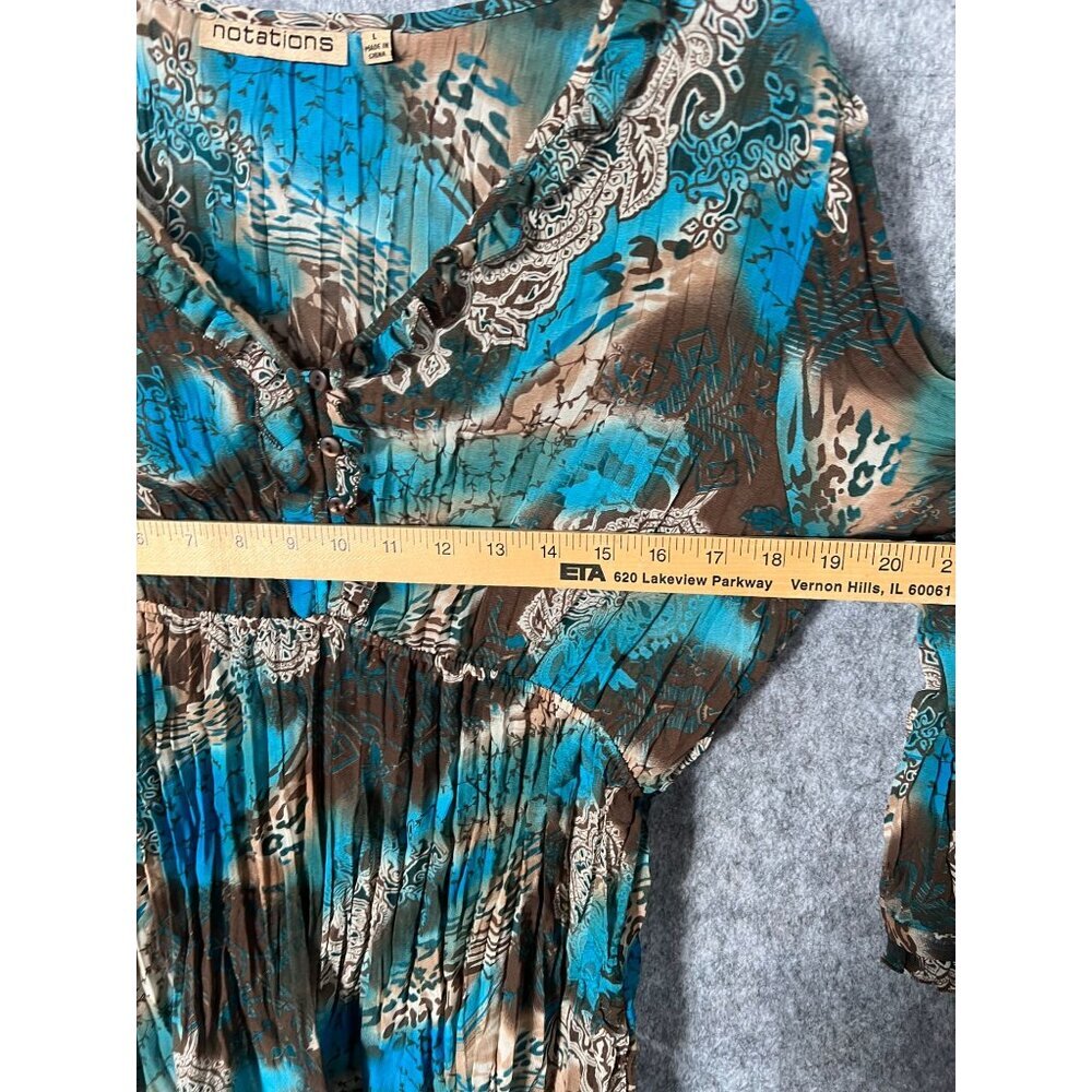 Notations Womens Boho Tunic Top L Blue Brown Abstract Print 3/4 Sleeve sheer - Picture 5 of 5